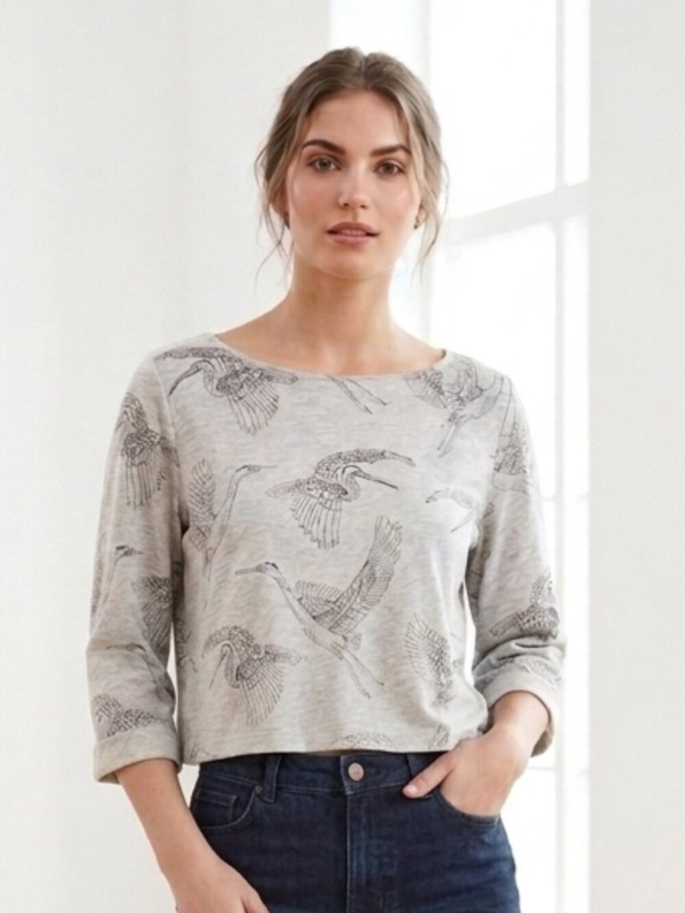 H&M grey bird print boat neck t-shirt - XS
